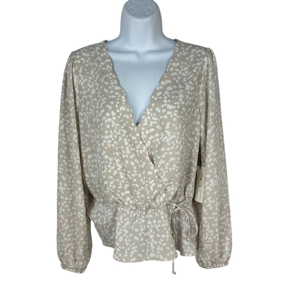 Nine Britton Womens Beige & White Polka Dot Wrap Top Tie Waist Size Small